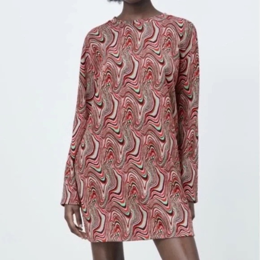 ZARA Swirl Print Mini Dress Small | Long Sleeve Psychedelic Shift